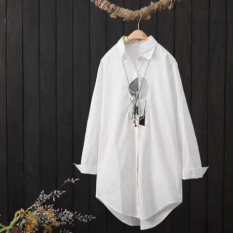 文艺刺绣中长款白色衬衫女长袖秋季新品宽松显瘦纯棉衬衣开衫外搭商品大图