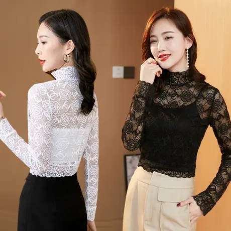 蕾丝打底衫女韩版荷叶边薄款长袖套头衬衫领白色黑色百搭假衣领商品大图
