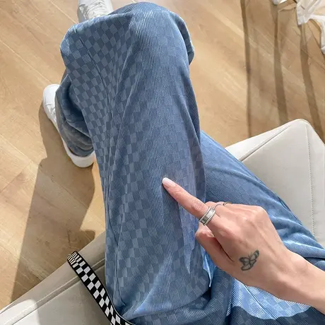 冰丝棋盘格阔腿裤女夏季薄款高腰垂感直筒宽松显瘦百搭休闲拖地裤商品大图