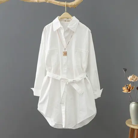 设计感小众纯色长袖白衬衫女中长款宽松全棉系带百搭上衣气质衬衣图片