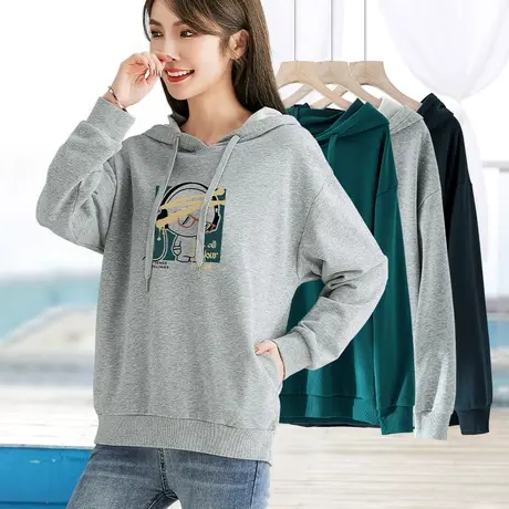 连帽卫衣女士2023年春秋新款灰色印花套头长袖打底衫宽松百搭上衣图片