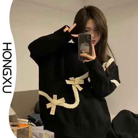 红续秋冬黑色蝴蝶结毛衣女2023新款套头针织衫上衣小众设计感百搭图片