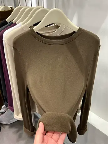 羊绒针织衫长袖T恤圆领加绒加厚上衣女2022冬修身慵懒百搭打底衫商品大图