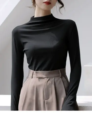 长袖T恤女2023年春秋韩版学生弹力修身显瘦纯色柔软半高领打底衫商品大图