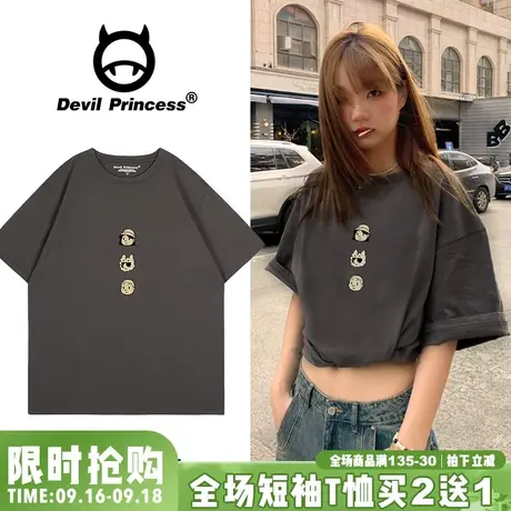 宽松大版美式复古风深灰色短袖t恤女2023夏季新款vintage正肩上衣图片