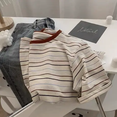 撞色条纹纯棉上衣短袖女夏装韩版百搭复古chic港味半袖体恤潮ins商品大图