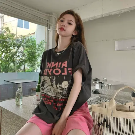 复古美式纯棉短袖t恤女ins潮韩版宽松圆领港味chic设计感小众上衣图片