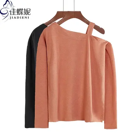 春秋季新款斜领宽松大码胖MM遮肉纯棉长袖落肩T恤气质简约上衣女商品大图