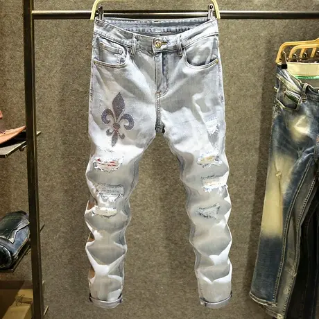 破洞牛仔裤男潮牌修身小脚裤子弹力印花补丁贴布乞丐男裤夏季薄款商品大图
