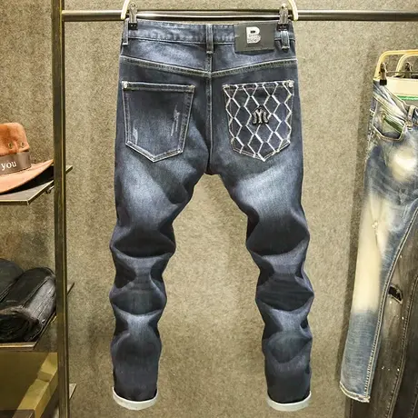 欧美牛仔裤男修身百搭裤子2023春秋新款高端潮牌刺绣弹力小脚长裤商品大图