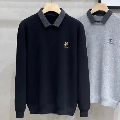 2023新款秋冬季潮流假两件男士毛衣衬衫领虎头刺绣针织男装打底衫商品大图