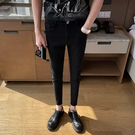 2023春夏新款纯黑百搭小脚牛仔裤男潮修身九分裤弹力铅笔裤青少年商品大图