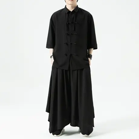 新中式冰丝短袖衬衫男中国风盘扣衬衣暗黑系搭配一套男装唐装寸衫商品大图