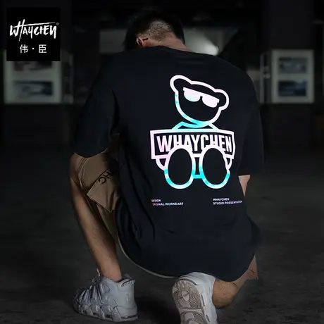 伟臣潮牌大码男装夏季反光卡通印花T恤男胖子加肥加大短袖肥佬T恤商品大图