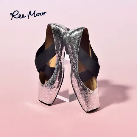 REEMOOR睿慕2023秋新款银色芭蕾舞鞋猪鼻子真皮玛丽珍船鞋单鞋女图片