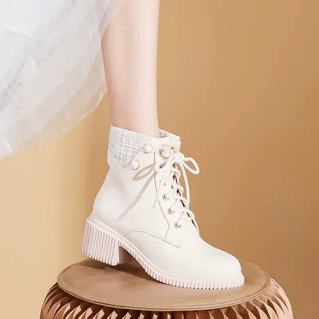 百翎2022秋冬新款靴子女中跟短靴粗跟小香风系带马丁靴小码女鞋子图片