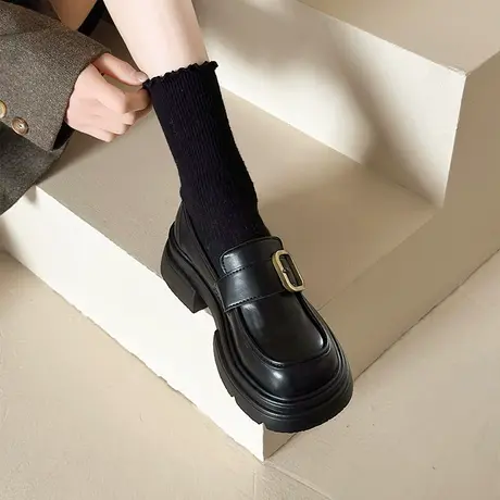 黑色小皮鞋女英伦风2024新款春秋百搭厚底粗跟一脚蹬日系乐福单鞋图片