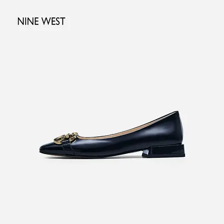 Nine West/玖熙2024年春季新款低跟单鞋女方头双9字扣漆皮通勤鞋图片