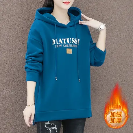 宽松加绒卫衣女2023春秋新款时尚韩版大码女装中长款遮臀上衣外套图片