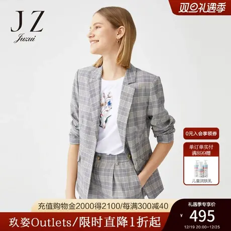 【奥莱独享】玖姿奥莱春季新款灰色格纹翻领气质女西装短款外套图片