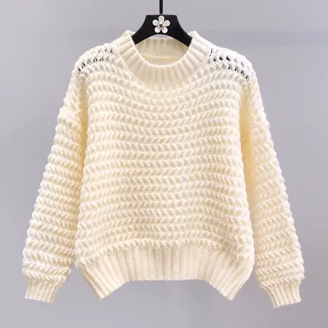 圆领粗线毛衣女秋冬2023新款宽松慵懒风加厚洋气短款针织衫上衣商品大图