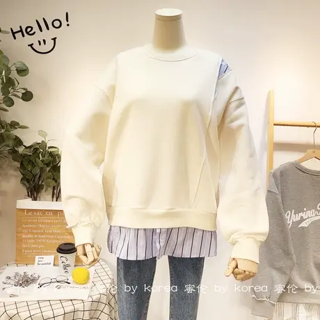 加绒加厚圆领卫衣韩国东大门假两件套装卫衣拼接衬衫保暖卫衣宽松商品大图