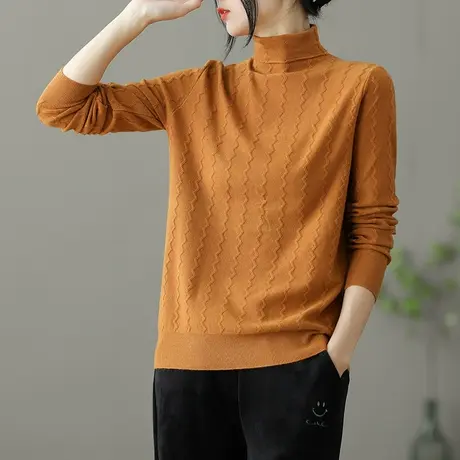 dza 文艺复古高弹针织衫女士休闲短款宽松打底衫秋季上衣高领毛衣商品大图