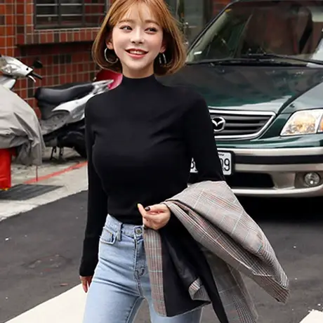 春秋冬中领长袖t恤女短款紧身半高领打底衫薄款女装2023新款洋气商品大图