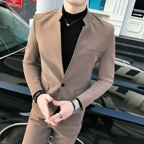 秋冬季休闲立领小西装外套男修身韩版帅气麂皮绒西服宴会礼服潮商品大图