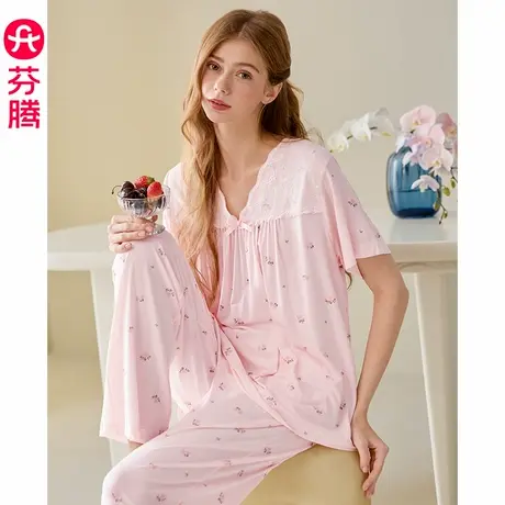 芬腾睡衣女夏短袖长裤新款V领纯棉碎花蕾丝边全棉大码家居服套装商品大图