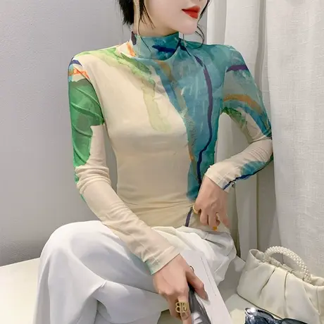 2023秋季半高领T恤女长袖性感网纱扎染印花上衣洋气修身显瘦小衫图片