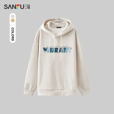三福2023冬男士贴布绣字母抽绳连帽卫衣 时尚宽松上衣男476156商品大图