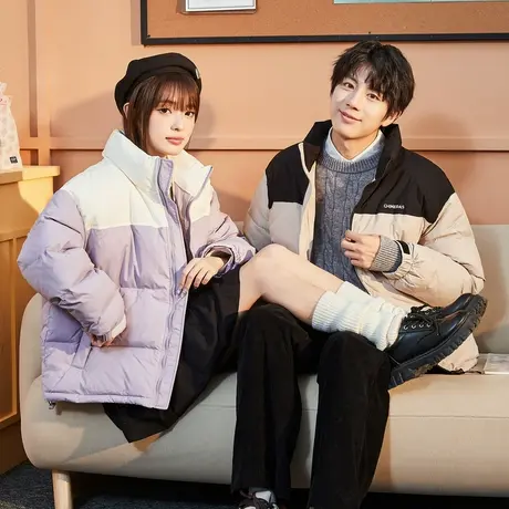 唐狮立领情侣羽绒服男女装冬季新款面包服短款拼接撞色加厚外套潮商品大图