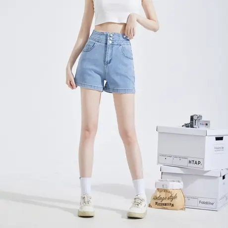 唐狮春夏季新款女牛仔短裤高腰弹力修身显瘦潮酷时尚黑色裤子图片