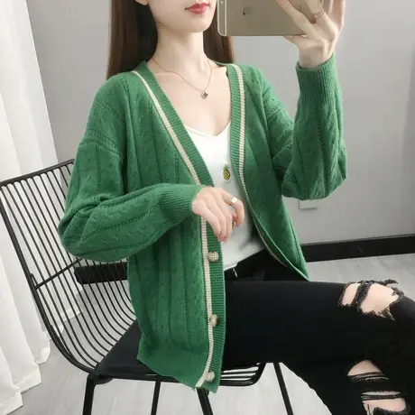 撞色毛衣外套女2025春季新款韩版宽松短款针织单排扣小开衫上衣潮商品大图