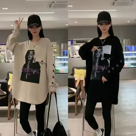 2023早秋新款韩版不规则宽松中长个性印花长袖女卫衣T恤打底衫潮商品大图