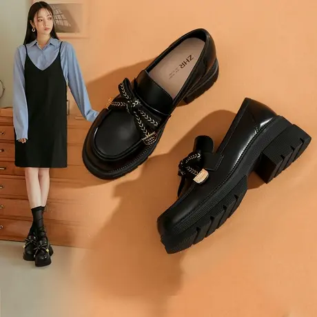 ZHR英伦小皮鞋女2025春秋季新款真皮增高黑色乐福鞋单鞋厚底粗跟图片