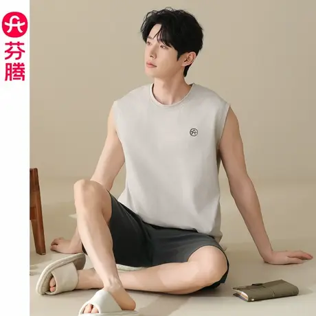 芬腾纯棉睡衣男士夏季薄款背心短裤套装夏款宽松大码可外穿家居服商品大图