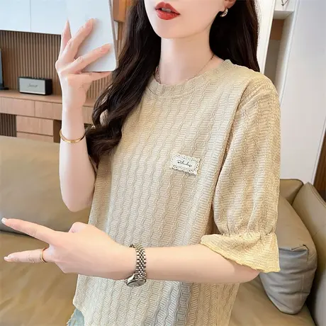 荷叶袖短袖t恤女2025新款夏季韩版宽松大码设计感小众束口上衣服图片