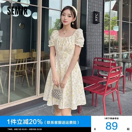 森马连衣裙女方领雪纺裙温柔少女感夏季俏皮泡泡袖肌理碎花裙森系图片