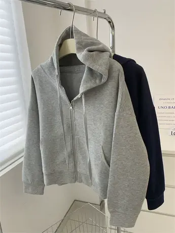 好版型宽松休闲连帽抽绳卫衣外套女简约百搭韩版拉链开衫上衣秋款商品大图