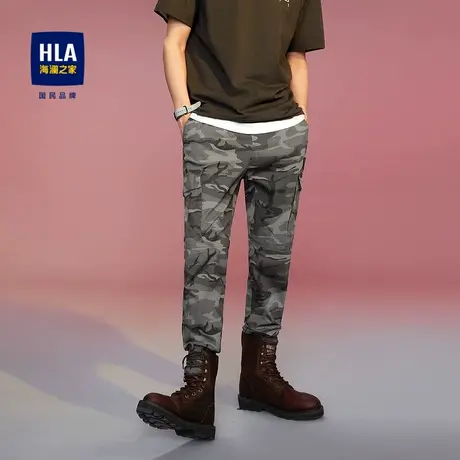 HLA/海澜之家春夏新疆棉休闲裤抽绳松紧腰宽松迷彩工装九分裤子男图片