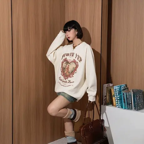 YEP复古印花卫衣女春秋2025新款加厚插肩袖圆领套头无帽上衣加绒商品大图