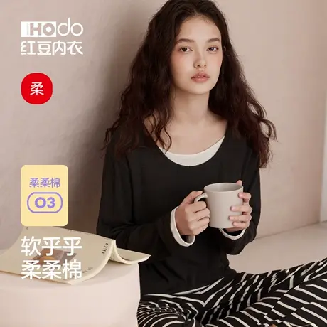 红豆睡衣女长袖带胸垫春秋外穿优可丝磨毛A类假两件新款家居服套商品大图