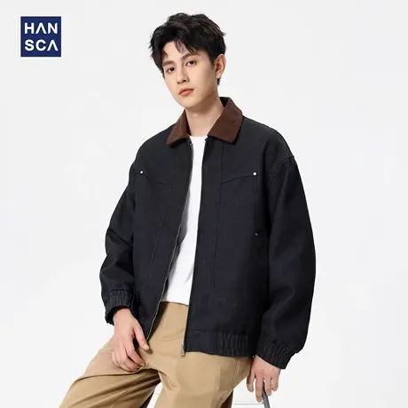 hansca秋季宽松翻领夹克男2025新款复古铆钉高档行政通勤休闲外套图片