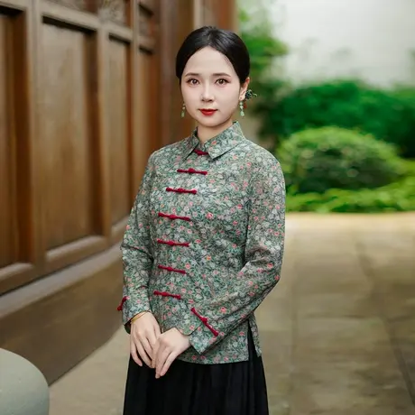 筠雅秋季新款新中式唐装上衣女国风改良复古女士直襟长袖女25J321商品大图