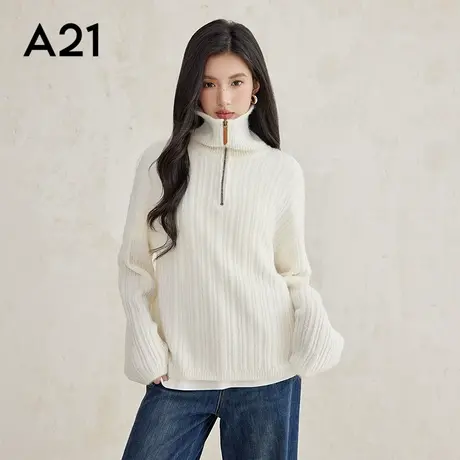 A21女装宽松立领落肩半开筒套头毛衫时尚百搭纯色针织长袖针织衫商品大图