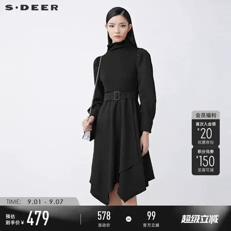 sdeer圣迪奥冬季女装高领收腰黑色连衣裙S21481218图片