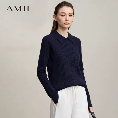Amii2025秋新款学院风翻领复古麻花扭花肌理毛衣女色纺纱线上衣商品大图