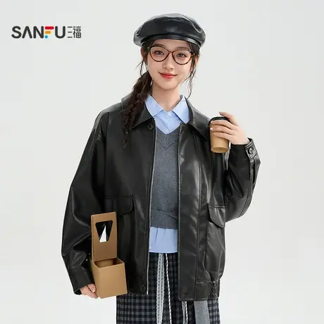 三福单外套2025秋季口袋松紧下摆翻领宽松皮衣夹克女装511327商品大图